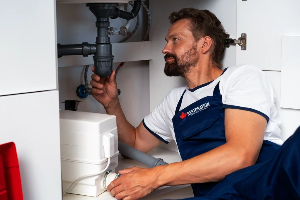 A male plumber in a blue uniform inspects the sink's plumbing under a kitchen cabinet for signs of mold, focusing intently on his work.