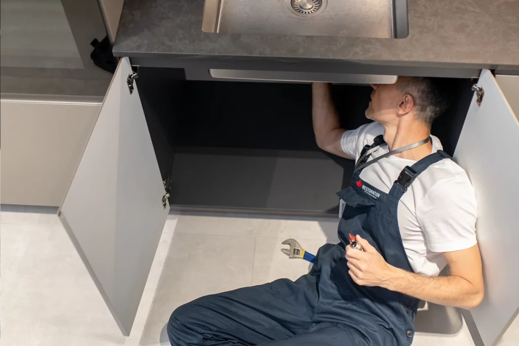 An Emergency Plumber Lying On His Back Under A Kitchen Sink Cabinet, Working On Plumbing. He Wears A Blue Overall And Holds Tools, With Cabinet Doors Open And Sink Visible Above.