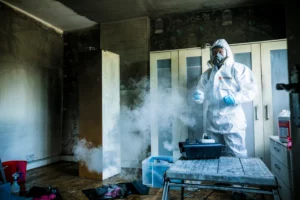 A person in protective gear using a fogging machine in a cluttered room to possibly disinfect or fumigate for mold removal. There are tables and various items scattered around the dimly lit space