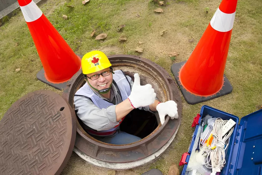 A smiling emergency plumber in a hard hat and gloves gives a thumbs-up while emerging from a manhole surrounded by traffic cones and an open toolbox on grass.