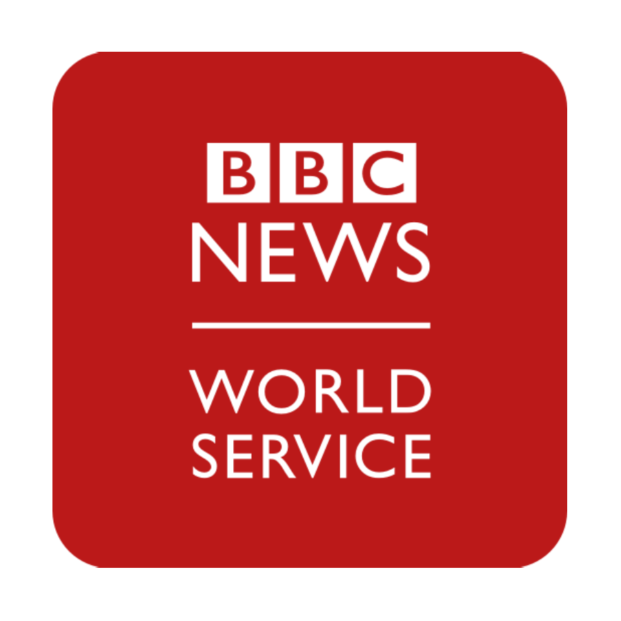 Red square logo with the "bbc news world service" text in white, featuring the bbc logo at the top followed by "news" and "flood restoration" in two separate lines.