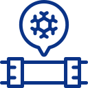 Blue icon depicting a gear inside a speech bubble, placed over a horizontal line, symbolizing settings or configuration options in an emergency plumber communication or feedback context.